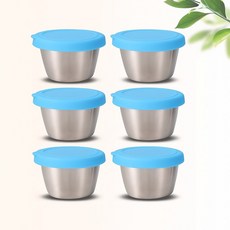 엘리펀트 304 스테인리스 소스컵 6P 세트 70ml - 단색 실리콘뚜껑 포함 넉넉한 용량의 양념 드레싱 소스 보관용기, 하늘색 (스카이블루), 6개