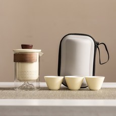 旅行茶具套裝 便攜防燙手抓玻璃茶壺 快客杯 功夫茶具, 1個, 米黃-直杯遠山/便攜包-三杯