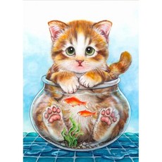 DIY 크로스스티치 키트 다이아몬드 그림 5D 도색 키트 동물·고양이·새끼 고양이·금붕어 WOWDECOR 풀드릴 DIY 다이아몬드 아트 페인트 숫자 유화(고양이)