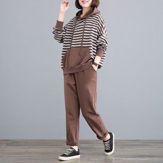 ORZQU 봄 가을 여성 빅 사이즈 스트라이프 중년 엄마 캐주얼 루즈핏 후드 투피스