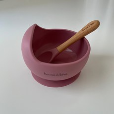 kawaii&born 寶寶副食品吸盤碗組 矽膠學習碗 原木湯匙 不含雙酚A 防滑防翻輔食碗, 1個, 玫瑰