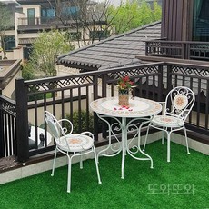 유럽식 철제 야외 테이블 의자 3종 세트 - 원형 모자이크 탁자 포함, B. 화이트 안락의자+테이블(80cm)