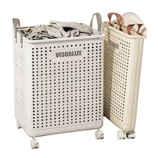 VISUALIZE 折疊洗衣籃收納推車 髒衣籃帶輪 摺疊收納 縫隙置物, 帶手把款折疊洗衣籃推車【附輪大號奶油色】