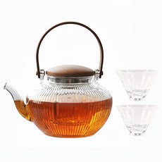 웜쿨러 크리스탈 우드 티팟 차주전자+찻잔 2p 세트, 1세트, 750ml, 투명