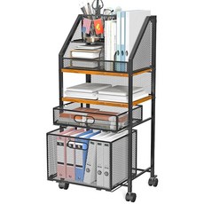 롤링 파일 카트 보관 서랍 2개 포함 다용도 책 레터 오거나이저 카트 잠금 가능한 바퀴 포함 목재 및 메시 롤링 파일 오거나이저 공간 절약형 카트 사무용품용, 롤링 파일 카트, 보관 서랍 2개 포함, 다용도 책 레