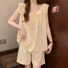 簡約波點背心短褲睡衣女套裝 夏季甜美家居服, 2808#（帶胸墊）, M