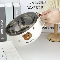 taoye 304不鏽鋼泡麵碗 卡通大容量瀝水碗 學生宿舍方便麵碗 專用飯盒, 1個, [泰迪熊]+泡麪碗,1000ML[304不銹鋼內膽]