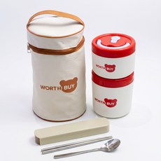 304스텐 밀폐 보온 도시락통 세트 원형 보온가방 수저 포함 직장인 피크닉, 1세트, 1200ml 2단 레드화이트