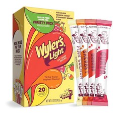 Wyler's Light Island Flavors 버라이어티 팩 Singles To Go 무설탕 음료 믹스 저칼로리 워터 인핸서 스틱 20개 피냐콜라다 레인보우 셔벗 딸기 바, Wyler's Light Island Flavors 버, 32g, 1, 20