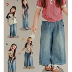 POKO女童鬆緊腰寬口闊腿牛仔褲