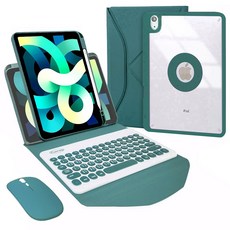 Powerway iPad 10.9吋(Air5/Air4)專用圓雅型藍牙鍵盤皮套保護殼(送同色無線滑鼠)，無線連接，輕巧便攜，多角度支撐，提升工作效率, 軍墨綠(綠色鍵帽/綠色滑鼠/綠色保護殼)