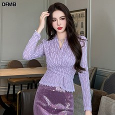 DFMEI 여성용 프렌치브이넥 셔링 슬림핏 레이스 셔츠 스트링 조거탑 20934