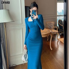 DFMEI 순욕풍 블루 홀터넥 슬림원피스 봄옷 프렌치 기질 슬림 롱스커트 여 30711