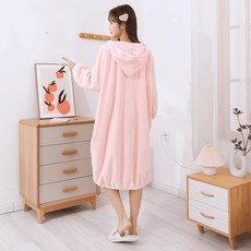 連帽珊瑚絨浴袍浴巾浴裙：冬季長款加厚吸水速乾女士睡袍居家服, 櫻桃粉, 1個