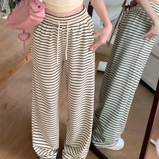 BROWMODA 여성 스트라이프 바지 와이드 팬츠