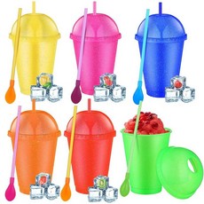 Ninehaoou 돔 뚜껑과 빨대가 있는 슬러시 컵 6세트 탈착식 스푼 빨대 재사용 가능한 플라스틱 아이스 커피 스무디 텀블러 생일 여름 파티 용품(라이트 색상 709., 16 oz, 혼합 색상