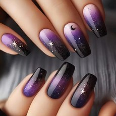 YIHONGYAN Blue Press on Nails 미디엄 스퀘어 스프링 인조 아크릴 네일 아트 키트 인조 네일 프레스 온 네일 팁 풀 커버 인조 네일 블랙 별이 빛나는 하늘, 스타일 CFX11