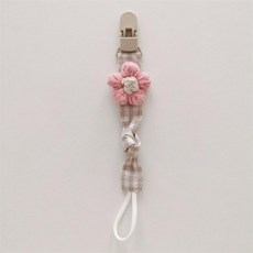 韓系手工針織花奶嘴鏈 防掉鏈, 粉色花格子款, 1個