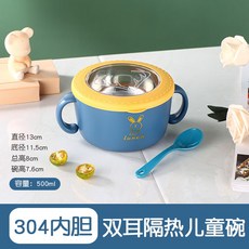 兒童防摔碗 兒童雙耳碗 耐高溫 湯碗 帶蓋手柄 兒童餐具套裝 【夢幻藍】500ml大容量, 1個, 【夢幻藍304】500ml大容量