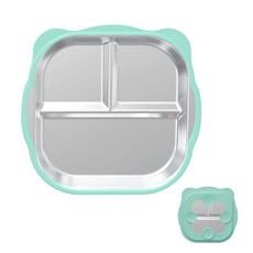 新品現貨不鏽鋼嬰兒輔食餐具硅膠吸盤防摔隔熱食品級兒童分格餐盤, 1個, 淺綠色:如圖