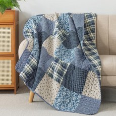 SLPR 면 퀼트 담요 127 x 152.4cm(50 x 60인치) 플로럴 팜하우스 패치워크 퀼트 쉐비 시크 패치워크 스로우 랩 퀼트 소파용 컨트리 레인용, 블루 심포니