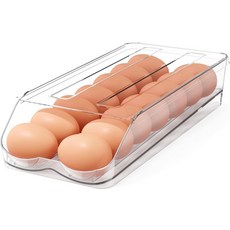 냉장고용 보벨라 달걀 홀더 자동 롤링 용기 뚜껑이 있는 2팩 클리어 스태커블 28개 정리함 냉장고 및 보관함, Clear, Pack of 1