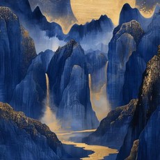 풍경화 블루 마운틴 나무 숲 소나무 사원 금빛 태양 포스터 캔버스 그림 인쇄, 13. 2