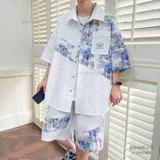 XIDAY 夏季青少年休閒潮流印花短袖襯衫短褲兩件套