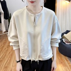 ORZQU 봄 여성 루즈핏 라운드넥 솔리드 포켓 지퍼 숏 자켓