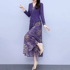 QUEEN 假兩件連衣裙 長袖拼接長裙, 紫色[高品質],XL推薦42.5-55公斤