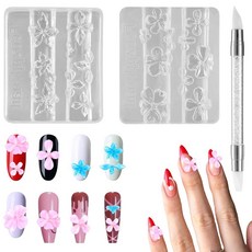 실리콘 네일 아트 몰드 2개 조각 펜 포함 투명 꽃 모델링 템플릿 몰드 도구 매니큐어 장식용 DIY 용품, 실리콘 네일 아트 몰드 2개, 조각 펜 포함, 투명 꽃