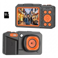 RUNDX 미니 디지털 카메라 7200W 픽셀 스마트 뷰티 모드 여행용 인생+64GB 메모리 포함, 블랙