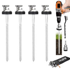 [ 1107423 ] 25.4cm(10인치) 드릴 가능 스레드 롱 후크 탑 팩 텐트 말뚝 초원 정원 캐노피 차양 캠핑 여행용 튼튼한 강화 스틸 그라운드 페그 4개(육각 도구