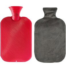 fashy 雙面壓紋熱水袋 2L 隨機出貨+毛絨防燙布套 炭灰色, 1組