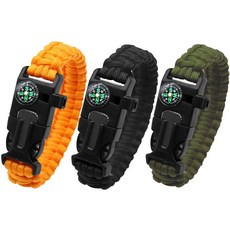 나침반과 호루라기 캠핑 하이킹 비상 장비가 포함된 aiGear 서바이벌 팔찌 세트 3팩(블랙 그린 오렌지)