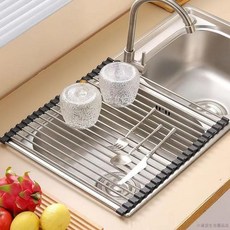 桃園出貨 新款可摺疊廚房水槽瀝水置物架不鏽鋼收納捲簾硅膠洗碗盆池瀝水板, 1個, 可摺疊收納-不佔空間,不鏽鋼材質【長47cm寬35cm】大號