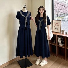 여성 빅사이즈 반팔 투피스 롱스커트 숄 레이어드 세트 편안한 데일리룩