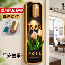 不銹鋼門牌 帶感應燈 創意號碼牌, 粉色鬱金香+感應燈 平安喜樂 ,33x10cm