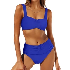 스트랩 비키니 2026 여성 하이웨이스트 수영복 솔리드 비치웨어 XXL, [04] XL, 04 Blue