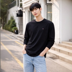 타미힐피거 남녀공용 라운드넥 오버핏 면 긴팔 티셔츠