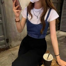 청 리본 뷔스티에 숏 민소매 데님뷔스티에