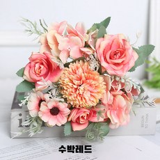ANYOU 인조 장미 부케 웨딩&홈데코 핸드메이드 꽃장식 세트, 수박레드, 1개