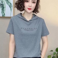 TKX 여성용 후드 반팔 티셔츠 캐주얼 루즈핏 면혼방 프린트 심플 데일리 기본 티 상의