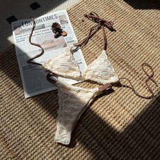 歐美性感露背網布拼接抽繩綁帶分體泳裝比基尼