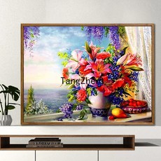 【TangZhen】유화그리기 유화그리기세트 diy 디지털 유화 가방 우편 거실 성인 어린이 손으로 채색 유채화 수제 장식 창문 앞 풍경, 40*50 어셈블리 외곽선(색상 노트) 추가, H782, 1개