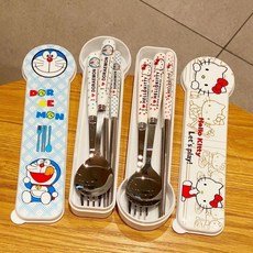 ins叮當高顏值餐具kitty不銹鋼筷勺叉學生套裝收納盒便攜式三件套, 1個, 薄款-牛牛【透明盒】-黑紅隨機,勺子【單支袋裝】