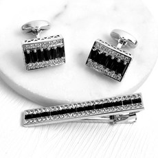 袖扣領帶夾 黑鑽上下銀鑽禮盒組 NCD45