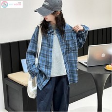 키즈목마 초등생 체크 셔츠 긴팔 외투 상의 초중생 주니어 여아 봄 가을 초등생 점퍼 865