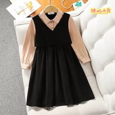 賣場新品長袖洋裝女童洋裝女大童連衣裙春秋新款120碼-170碼洋氣中大兒童童翻領時尚假兩件裙子韓版襯衫裙