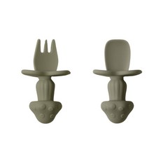 嬰兒動物貓爪硅膠餐盤寶寶進食盤子可拆卸盤子兒童硅膠吸盤式餐具, 1個, 短柄叉勺軍綠:如圖